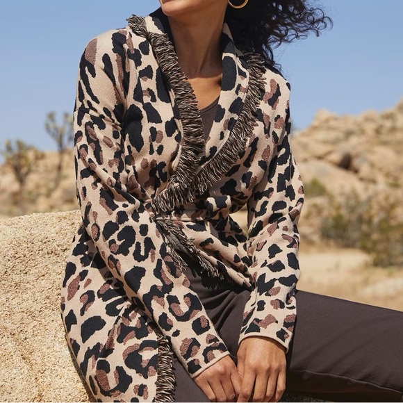 Chico’s Animal Print Fringe Cardigan Brown Metallic Mobwife Size 3 (XL/16) NWT - Picture 2 of 15